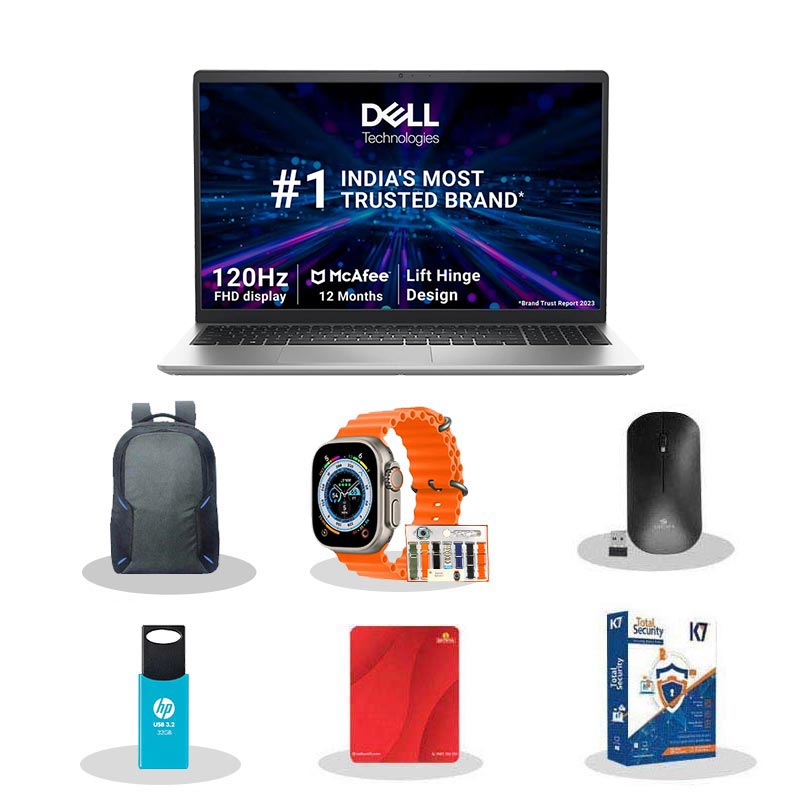 Picture of Dell Inspiron 3530 - 13th Gen Intel Core i7 15.6" (39.62cm) Thin & Light Laptop (16GB/ 512GB SSD/ Full HD Display/ Windows 11 Home/ MS Office 2021/ Intel UHD Graphics/ 1 Year Warranty/ Platinum Silver/ 1.65kg) with Smart Watch (7-in-1 Strap) + Laptop Bag + Wireless Mouse + Mouse Pad + Pendrive + K7 Antivirus Single User 